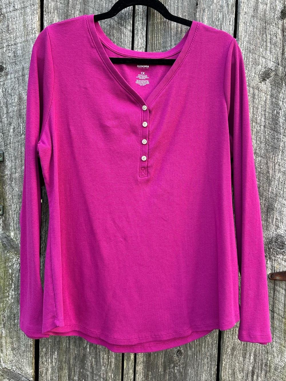 Sonoma Women’s Plus 1X Pink Ribbed Henley Long Sleeve Top